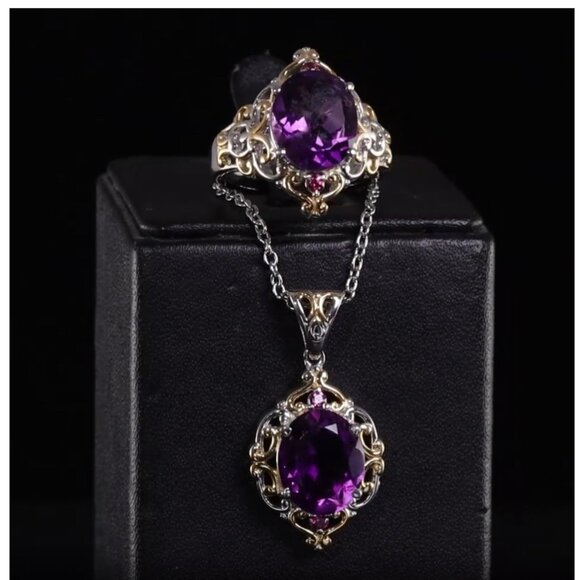Antique Style Ring/Necklace  Set - African Amethyst and Orissa Rhodolite Garnet - Picture 1 of 6